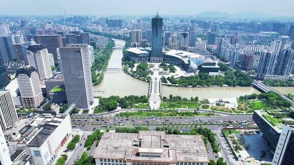 杭州西湖广场城市地标建筑航拍 