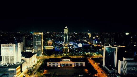 杭州城市夜景西湖广场航拍 