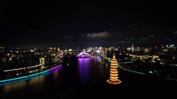 江西赣州翠浪塔夜景灯光航拍 