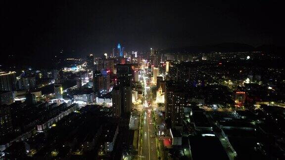 山东烟台城市夜景交通航拍 