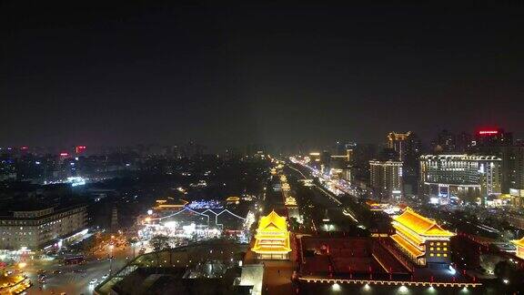 航拍西安城墙永宁门城楼夜景