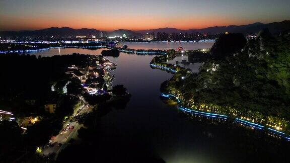 航拍广东肇庆七星岩景区夜景