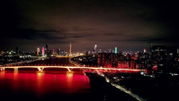 广州珠江桥梁夜景灯光航拍