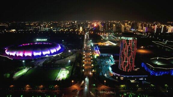 河北沧州体育中心体育馆夜景航拍