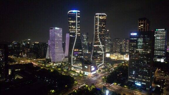 航拍浙江杭州市民广场城市阳台夜景