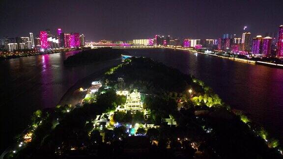 航拍湖南长沙湘江橘子洲夜景