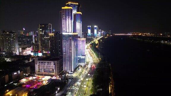 航拍湖南长沙城市夜景