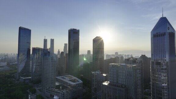 航拍清晨日出时分的红谷滩区高楼风景