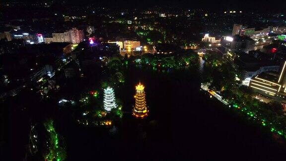 广西桂林日月双塔夜景航拍