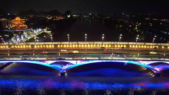 航拍广西桂林解放桥夜景