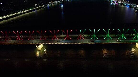 湖北襄阳汉江大桥夜景灯光航拍