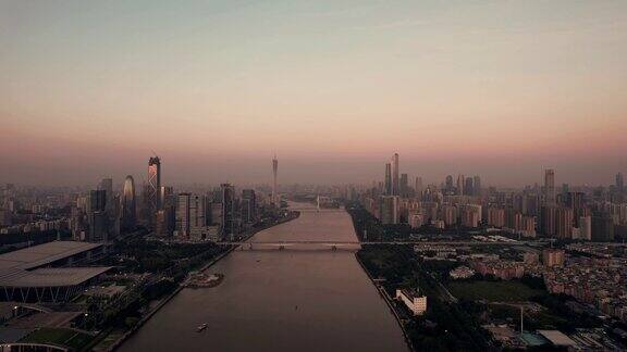 广州城市清晨日出航拍 