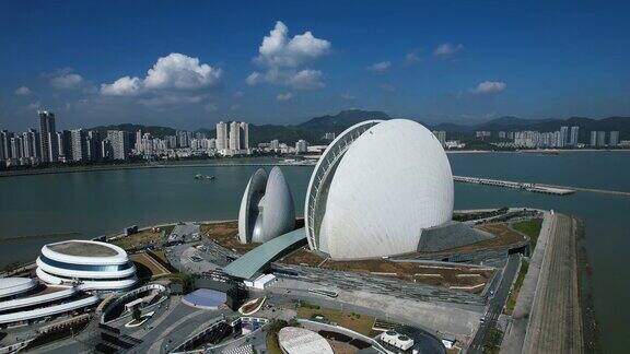 广东珠海日月贝大剧院地标建筑航拍