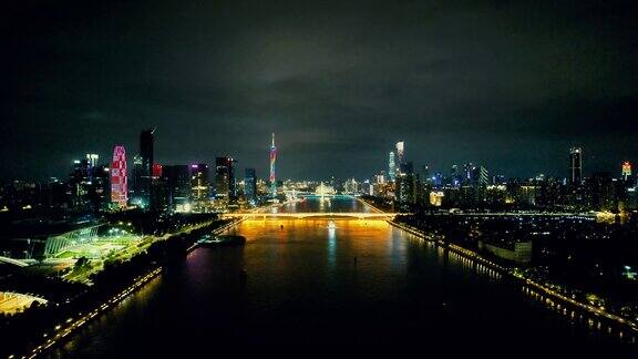 广州珠江两岸夜景灯光广州塔航拍