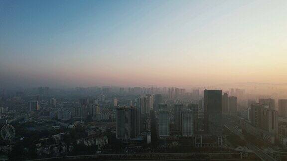 城市高楼清晨迷雾航拍株洲
