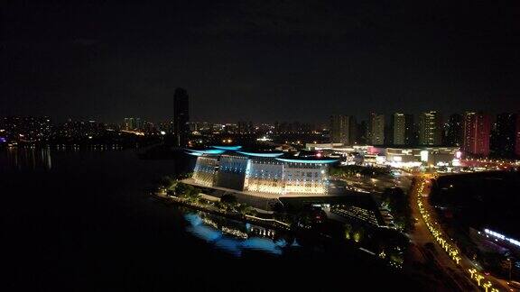 无锡大剧院地标建筑夜景灯光航拍