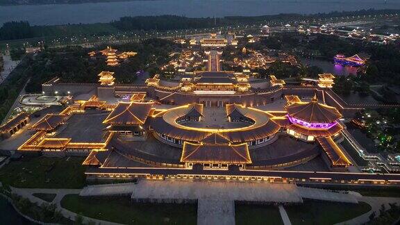 航拍湖北襄阳中国唐城影视基地夜景 