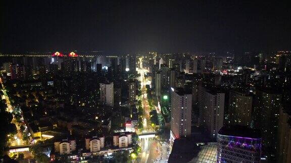 航拍湖北襄阳城市夜景 