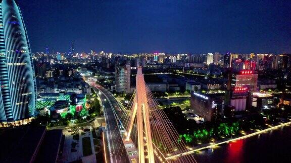 浙江宁波外滩大桥夜景灯光航拍.