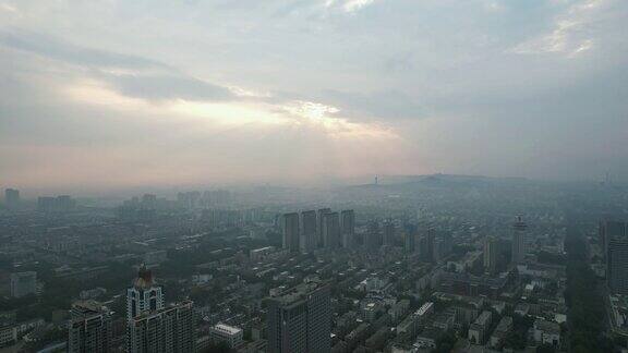 山东淄博城市清晨日出迷雾航拍