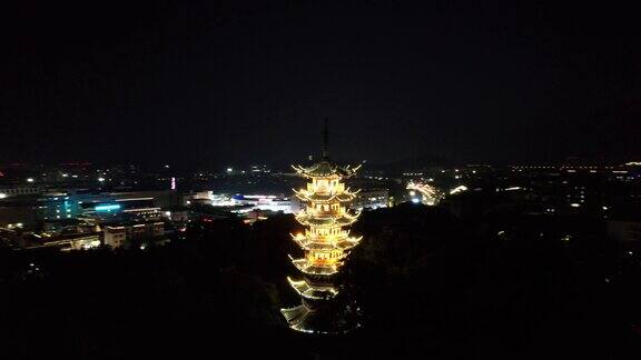 浙江绍兴塔山夜景航拍