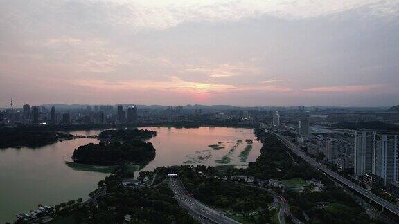 江苏南京夕阳晚霞夜幕降临夜景航拍