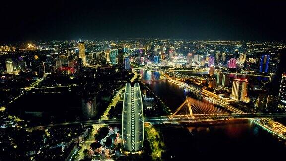 浙江宁波城市夜景宁波财富中心夜景航拍