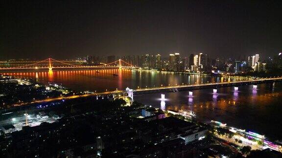 航拍湖北武汉长江大桥鹦鹉洲大桥夜景