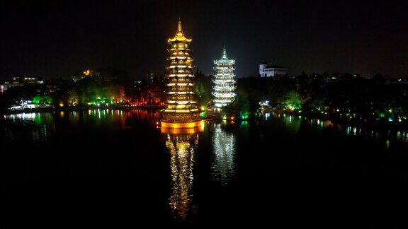 航拍广西桂林日月双塔夜景