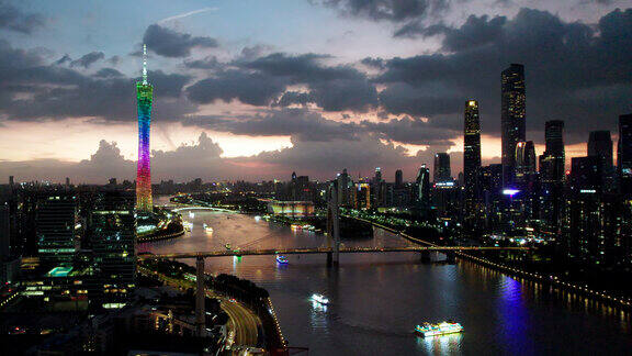 日落晚霞时分 航拍珠江两岸的广州城市夜景