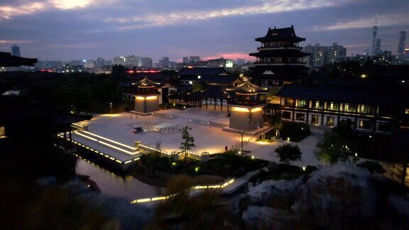 航拍海珠区广州新文化馆的日落前后