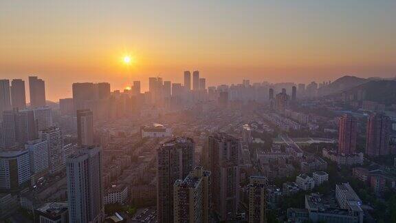 大连城市黎明清晨日出航拍