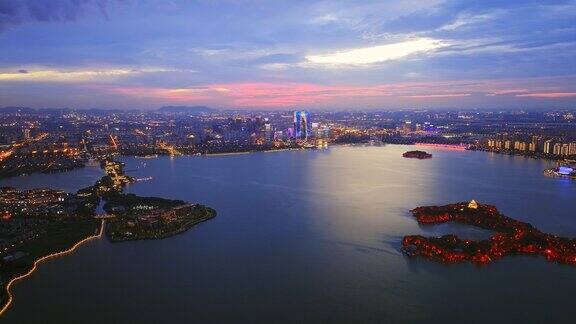 航拍苏州中心CBD金鸡湖东方之门城市夜景