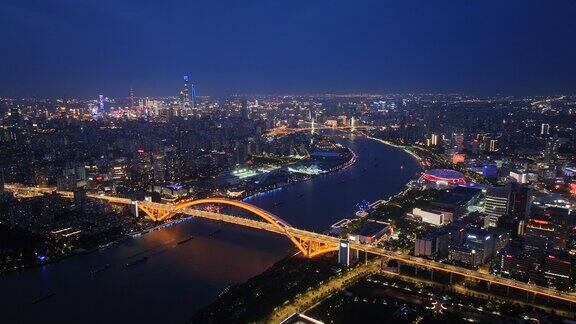 航拍上海现代都市陆家嘴卢浦大桥夜景