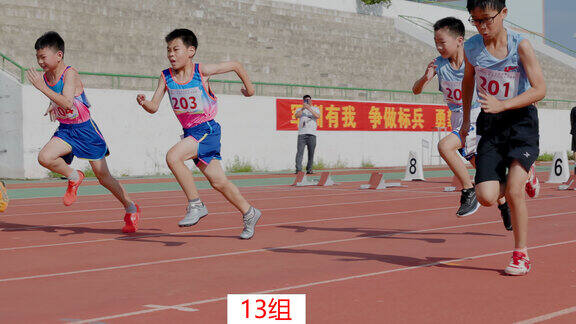 小学生田径运动会跑步比赛精彩瞬间特写镜头